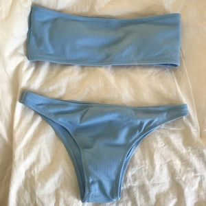 Blue Ribbed Strapless Bikini! NEVER WORN